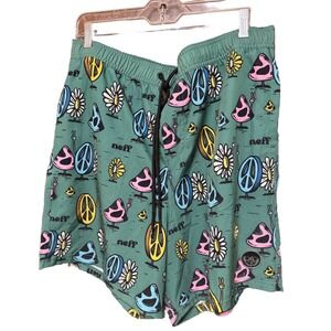 Men's Neff Hot Tub Drawstring Swim Trunks Size X-Large Funky/Peace-Out Green